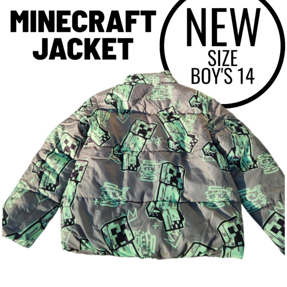 NEW Minecraft Boys Creeper Zip Puffer Jacket Lightweight Size 14 Zippered Size: